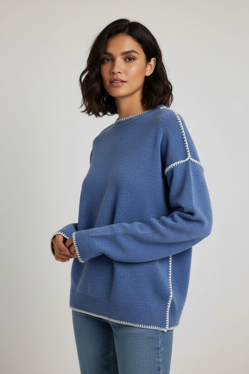 Round neck pullover white lignes