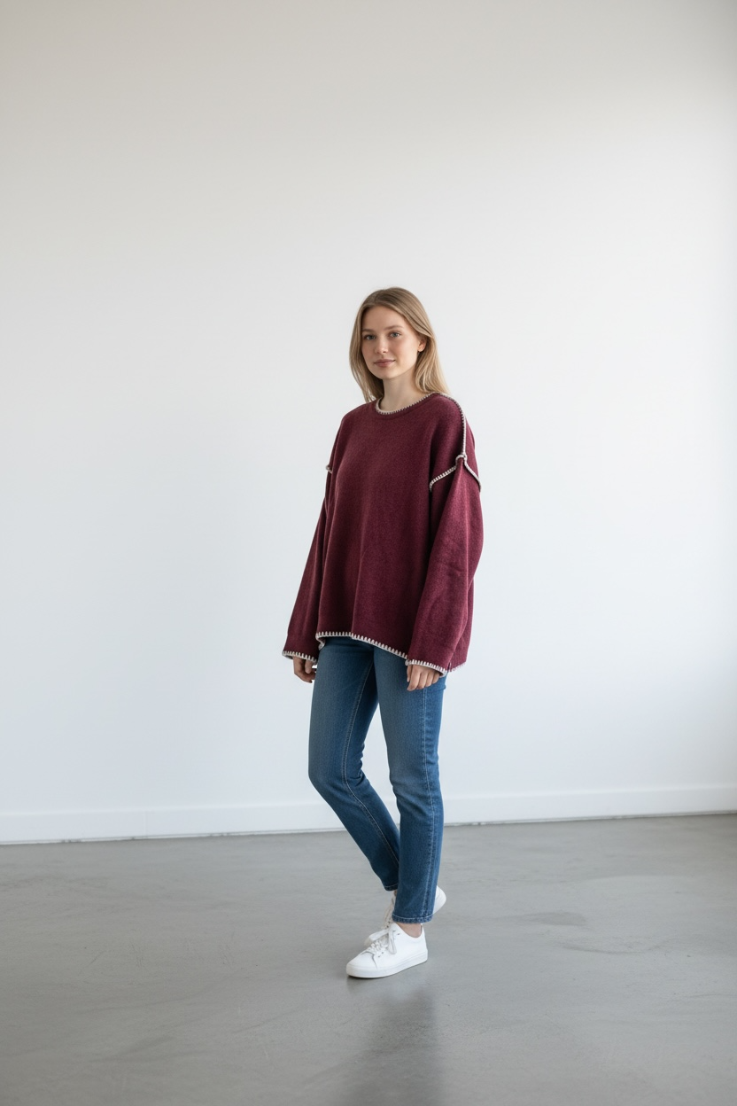 Round neck pullover white lignes