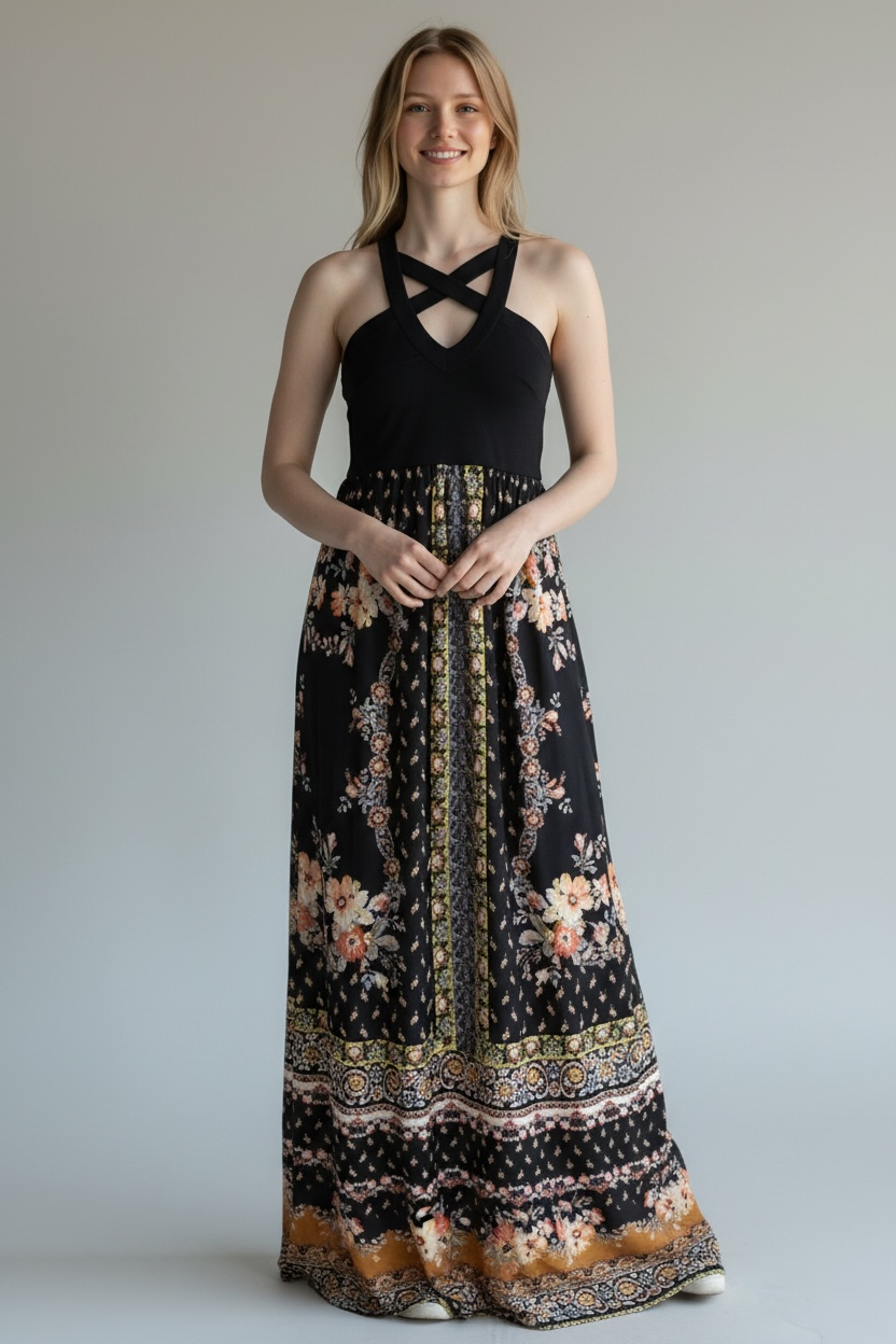 Neck floral maxi dress