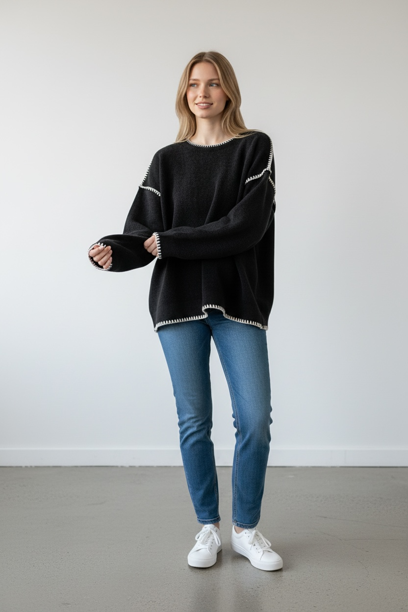 Round neck pullover white lignes