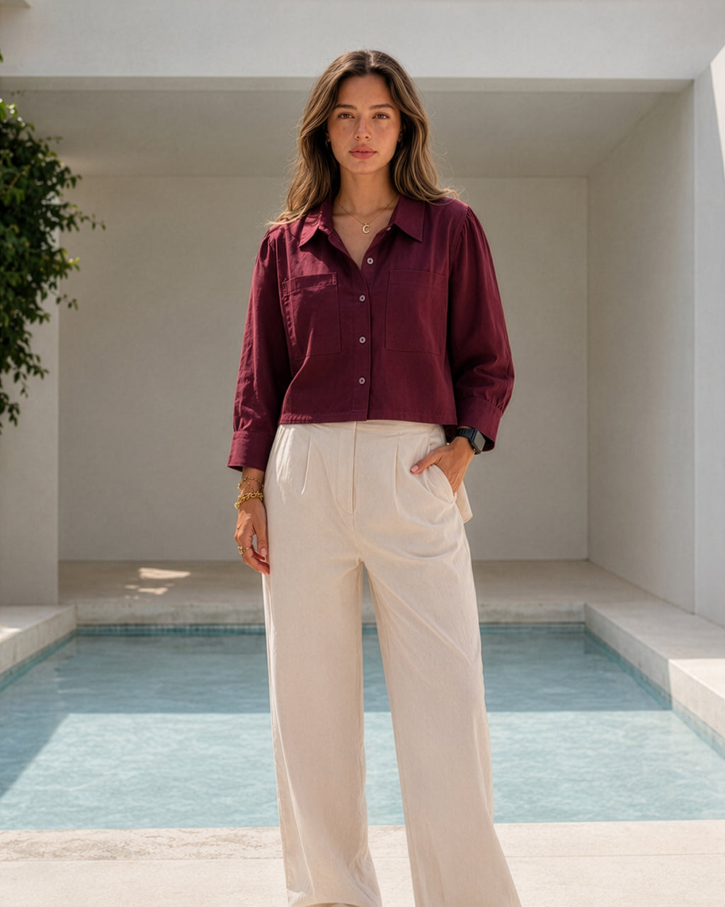100% Linen Burgundy Cropped Shirt