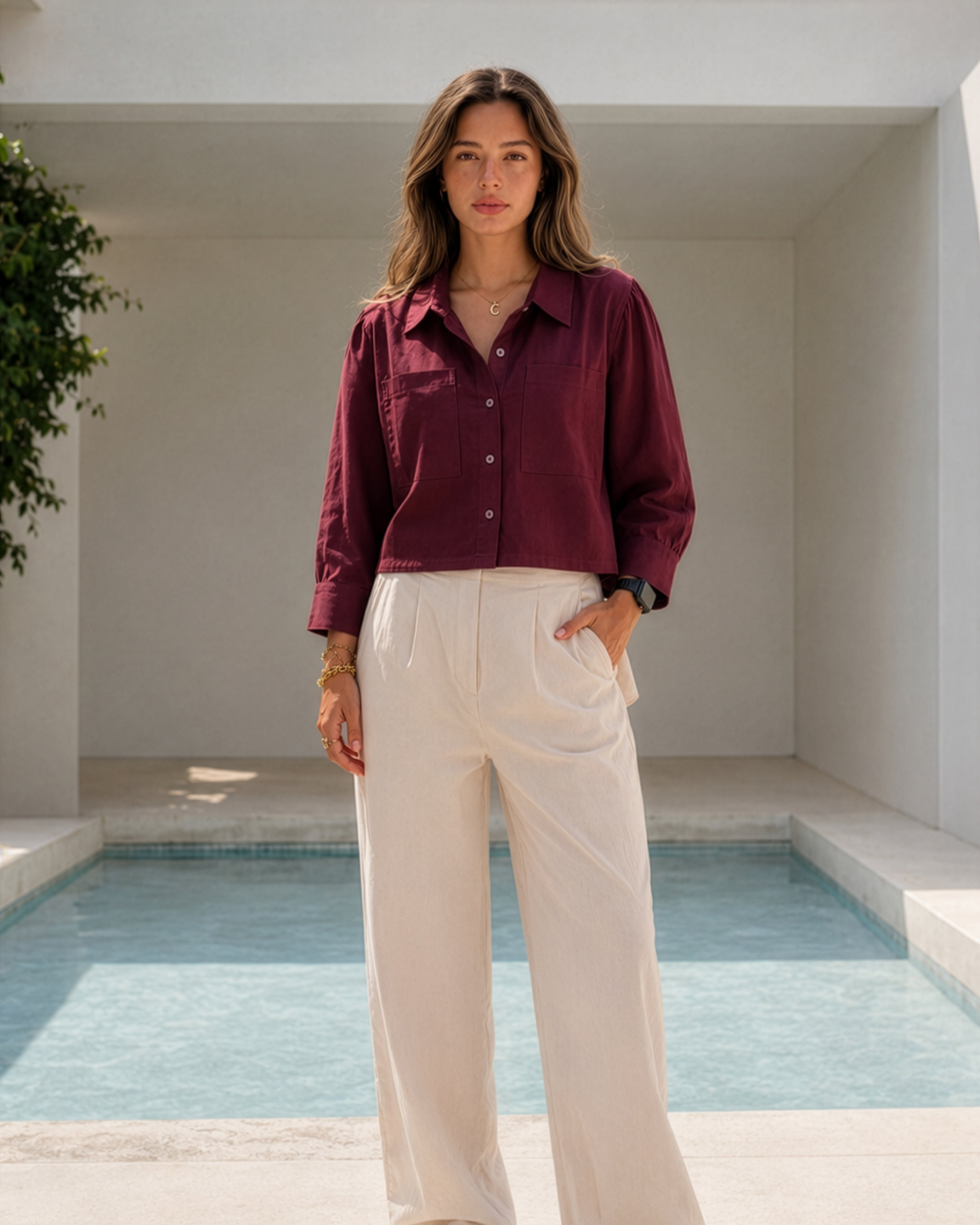 100% Linen Burgundy Cropped Shirt