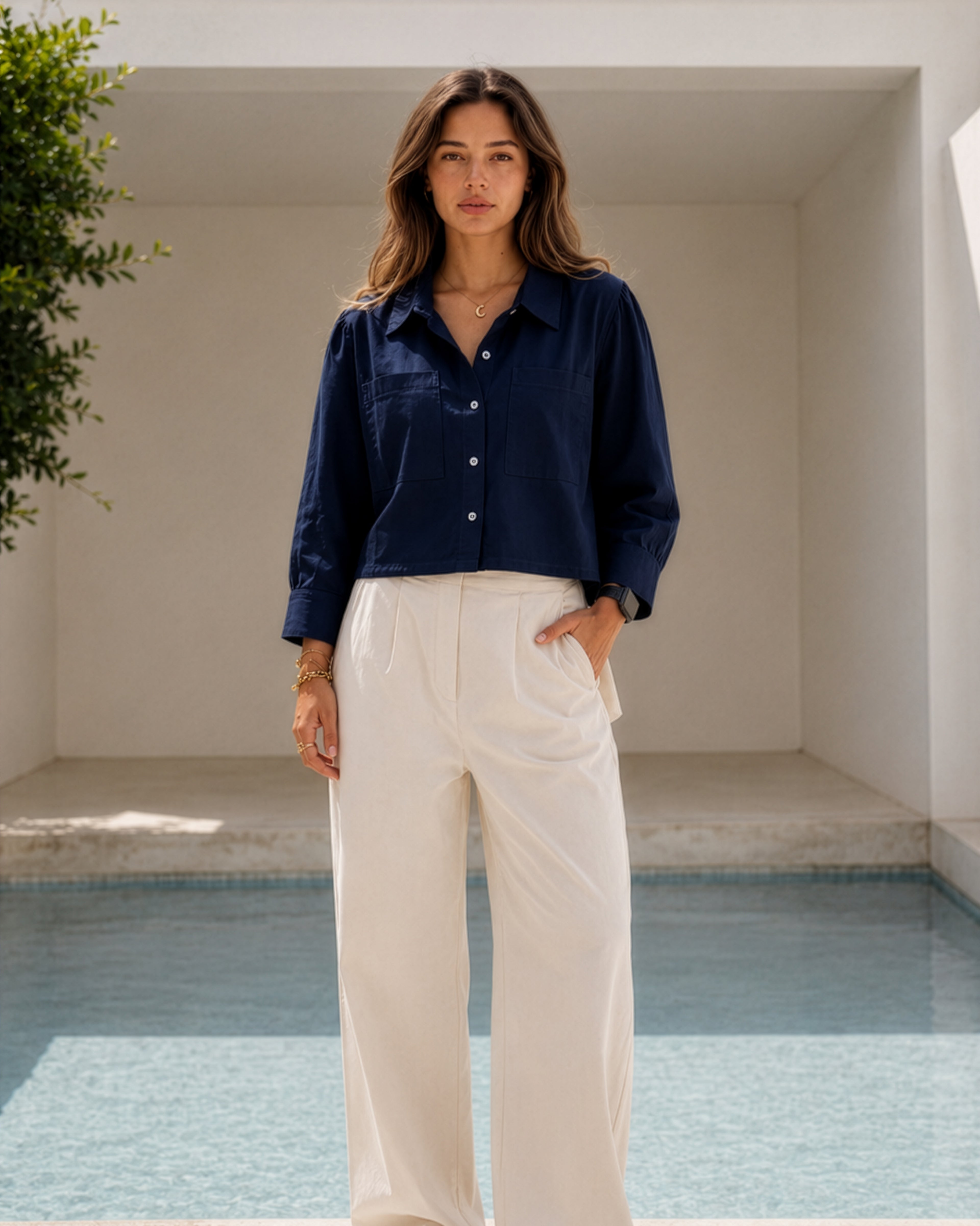 Cropped 100% Navy Linen Shirt