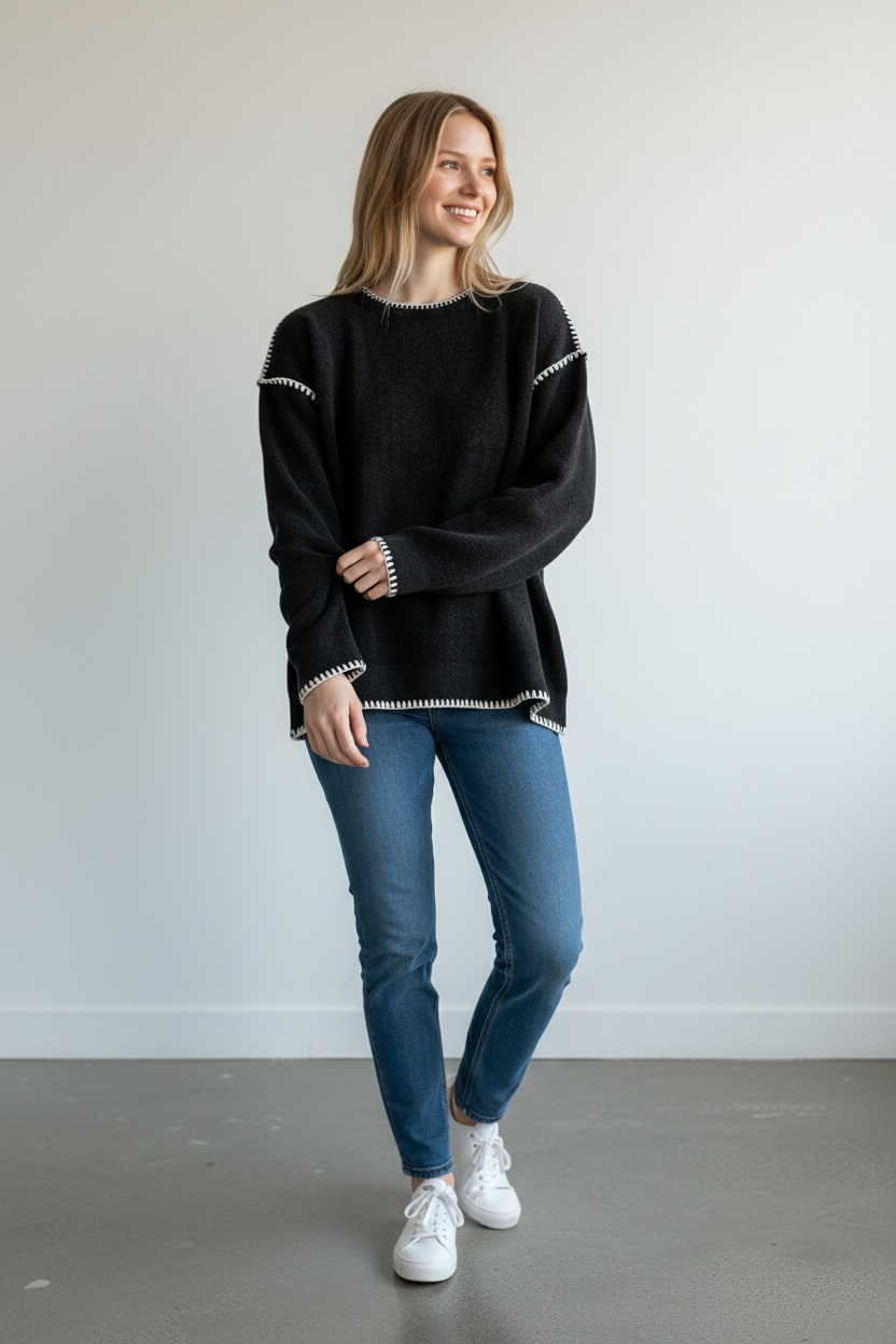 Round neck pullover white lignes