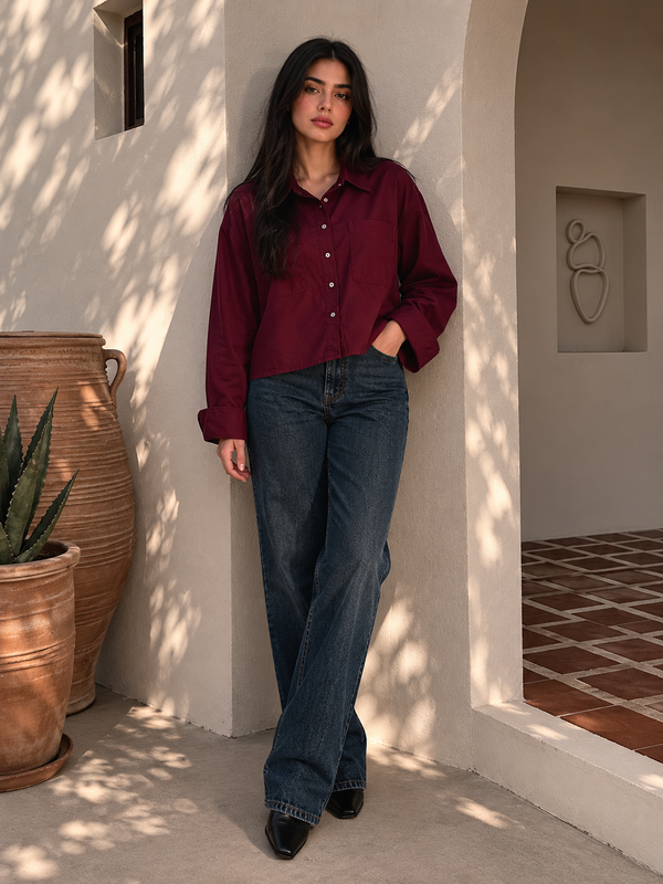 100% Linen Burgundy Cropped Shirt