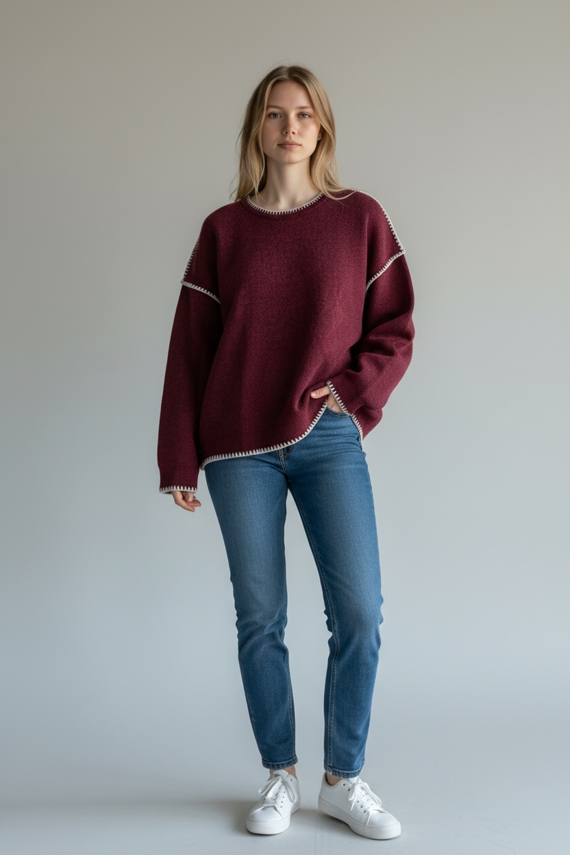 Round neck pullover white lignes