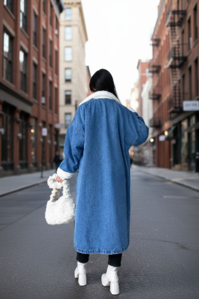 Long denim coat fur