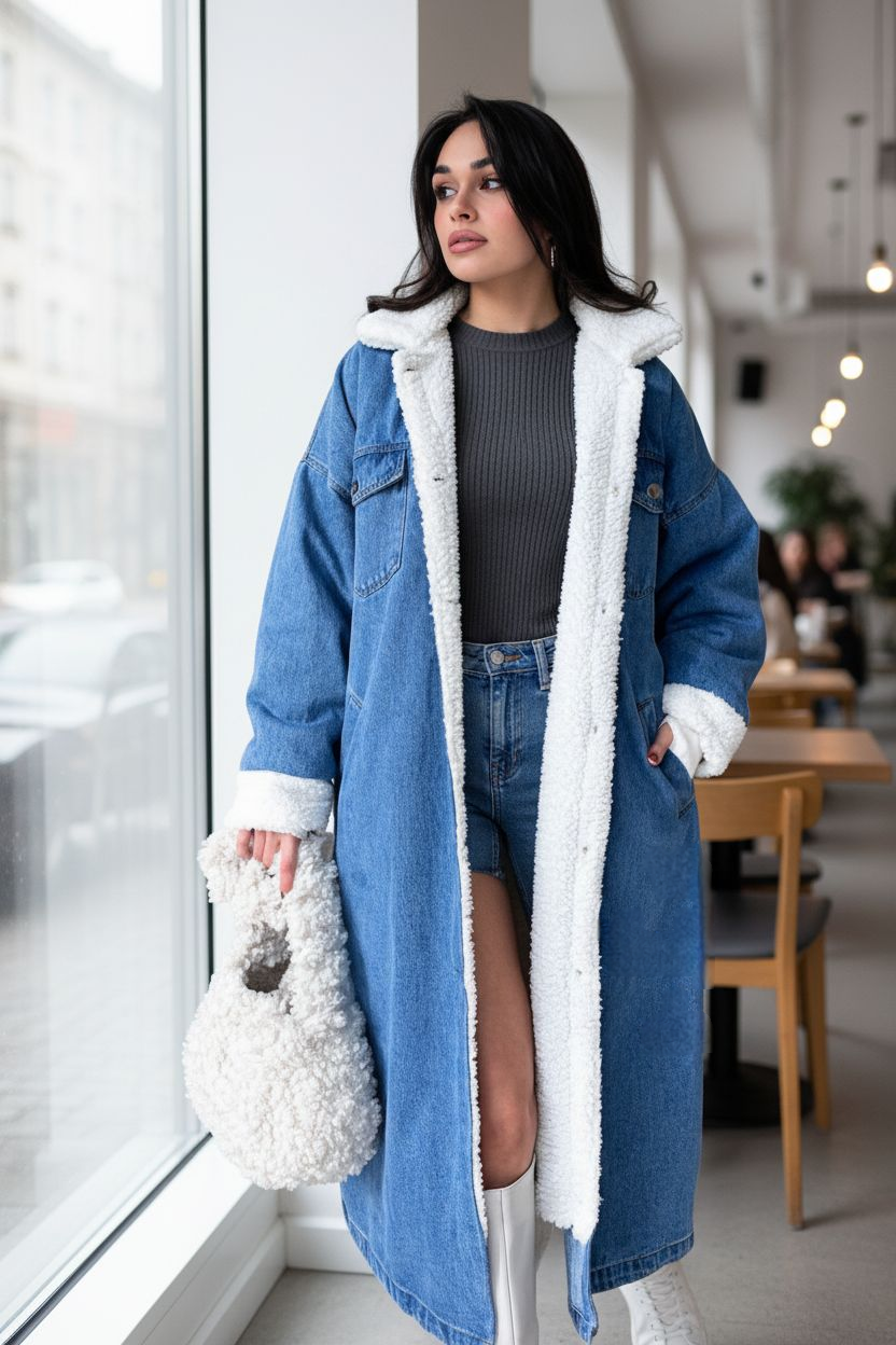 Long denim coat fur
